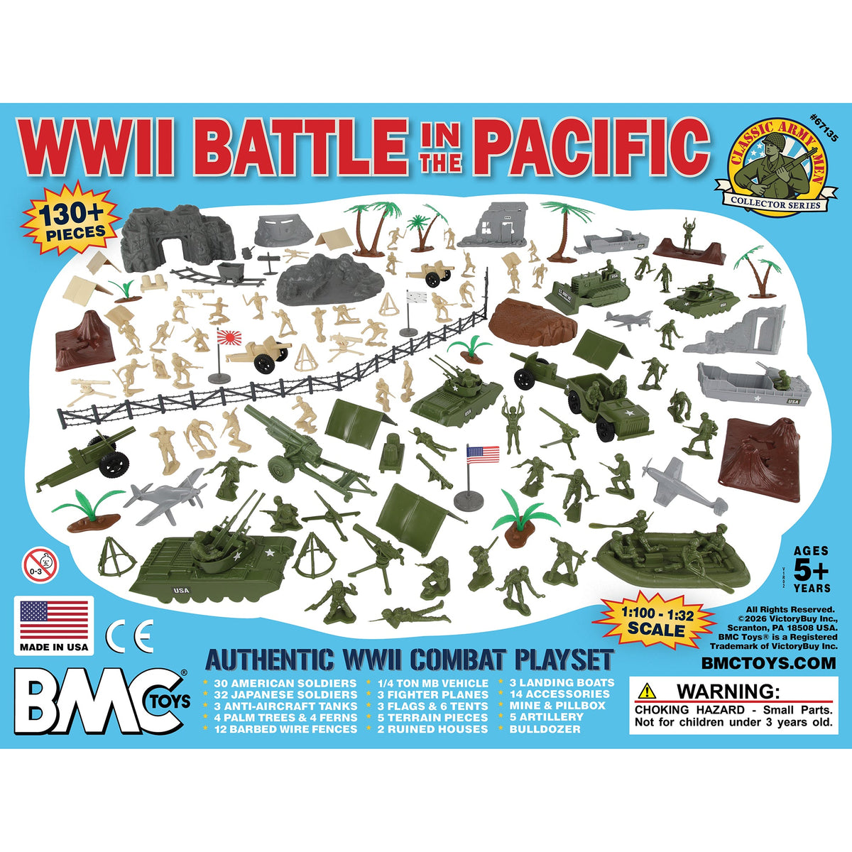 BMC Classic Army Men WW2 Pacific Theater Battle 134 Piece Playset Storage Box Label Art