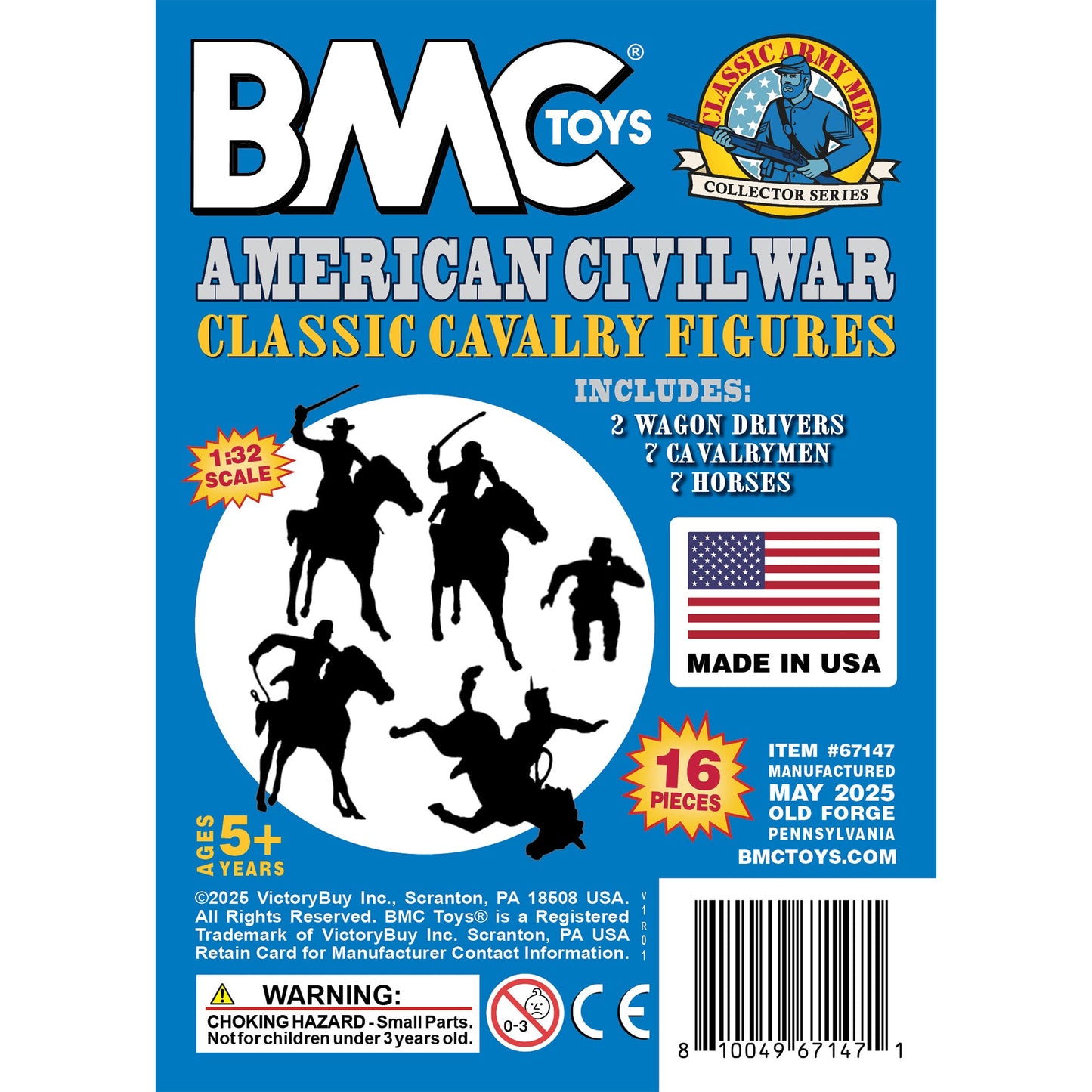 BMC Toys Classic Marx American Civil War Blue color Cavalry Riders and Soft-White color Horses 16pc Insert Card Art