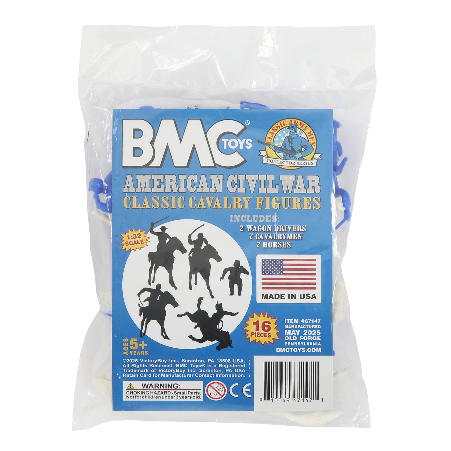 BMC Toys Classic Marx American Civil War Blue color Cavalry Riders and Soft-White color Horses 16pc Package