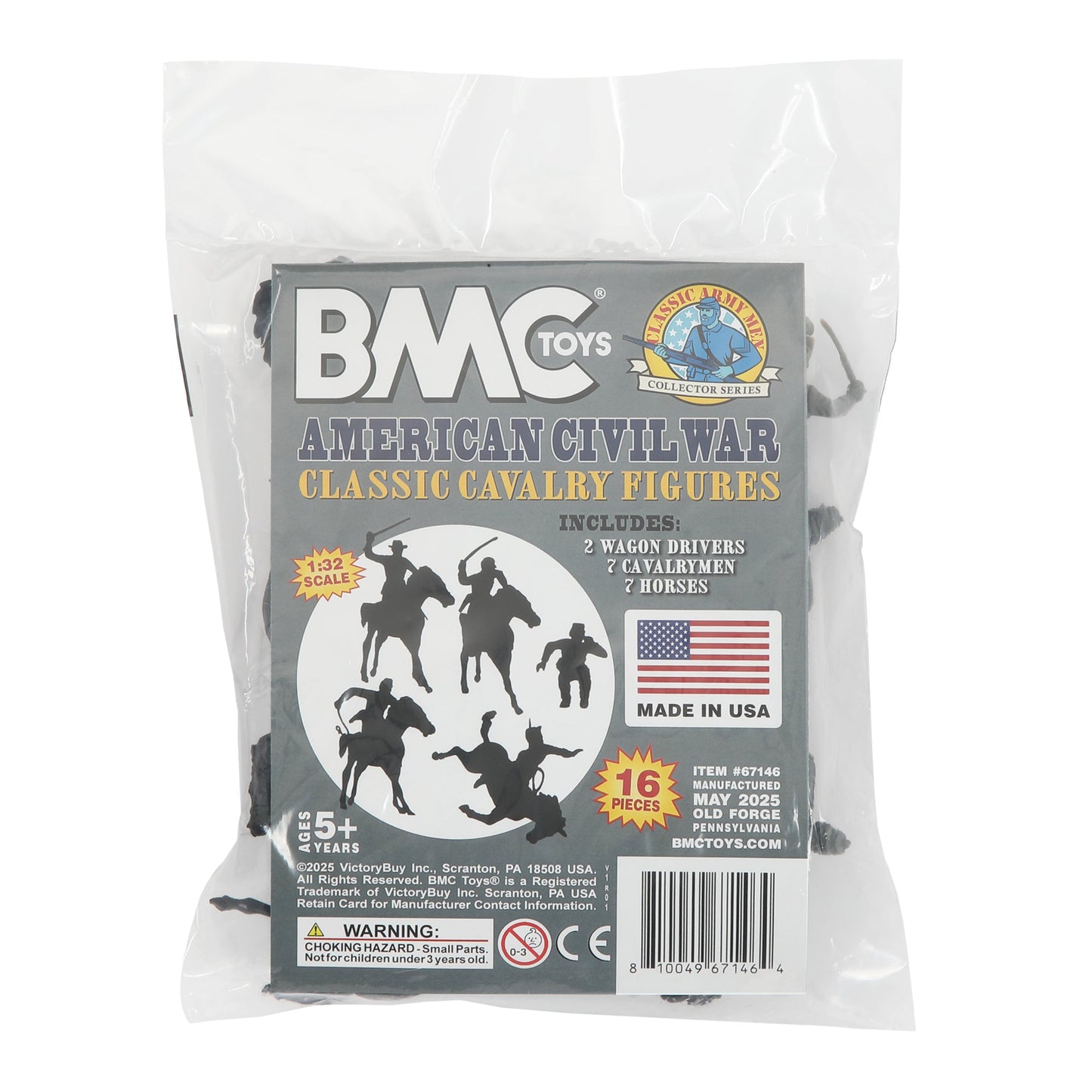 BMC Toys Classic Marx American Civil War Charcoal-Gray color Cavalry Riders and Black color Horses 16pc Package