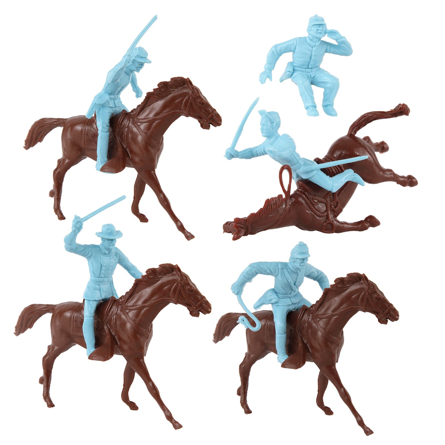 BMC Toys Classic Marx American Civil War Powder-Blue color Cavalry Riders and Rust-Brown color Horses 16pc Close Up View