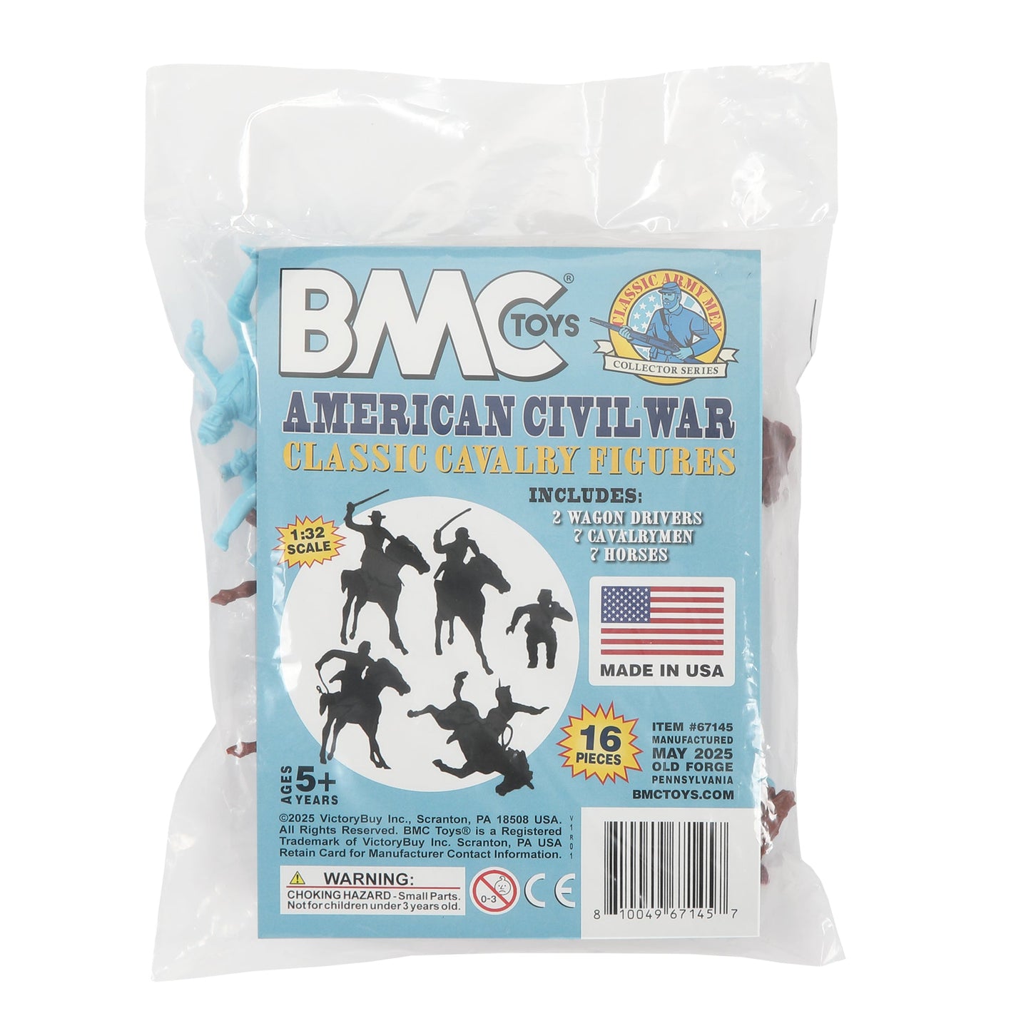 BMC Toys Classic Marx American Civil War Powder-Blue color Cavalry Riders and Rust-Brown color Horses 16pc Package