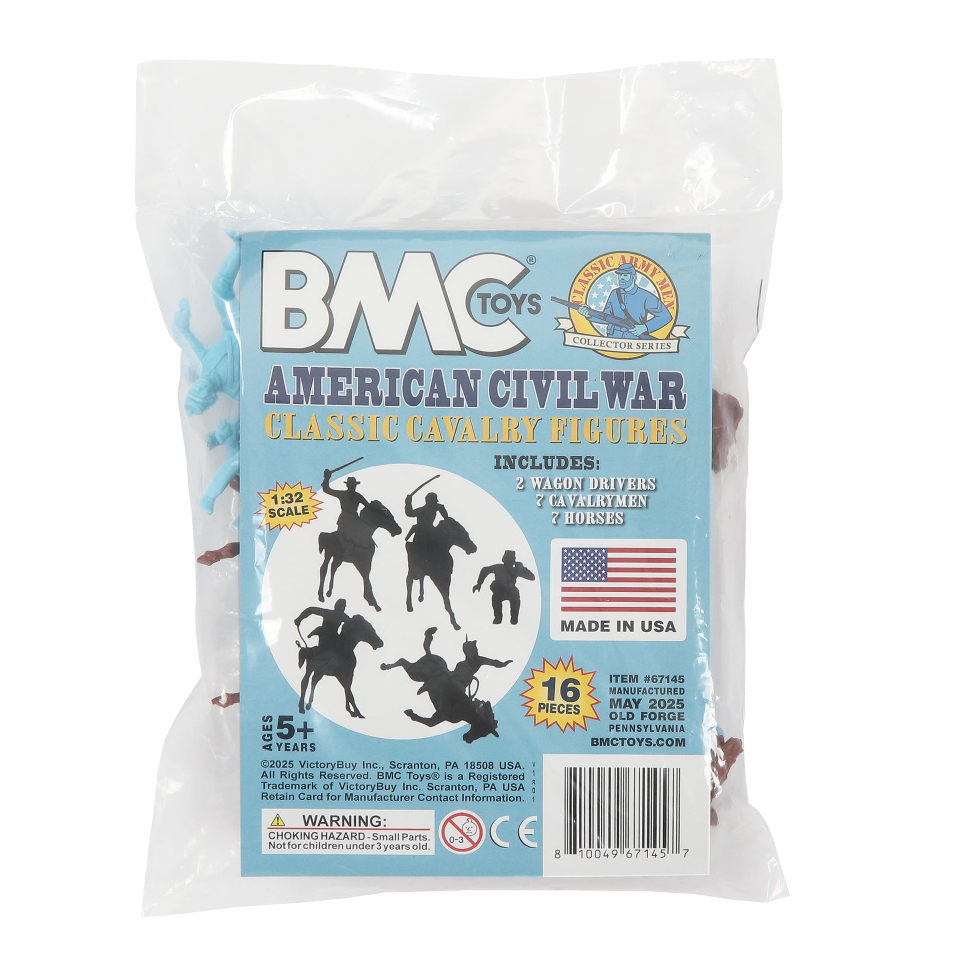 BMC Toys Classic Marx American Civil War Powder-Blue color Cavalry Riders and Rust-Brown color Horses 16pc Package