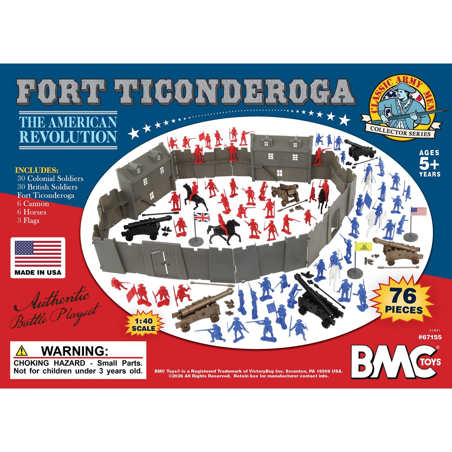 BMC Toys Classic Army Men Collection MPC American Revolutionary War Fort Ticonderoga 76 Piece Playset Box Top Art