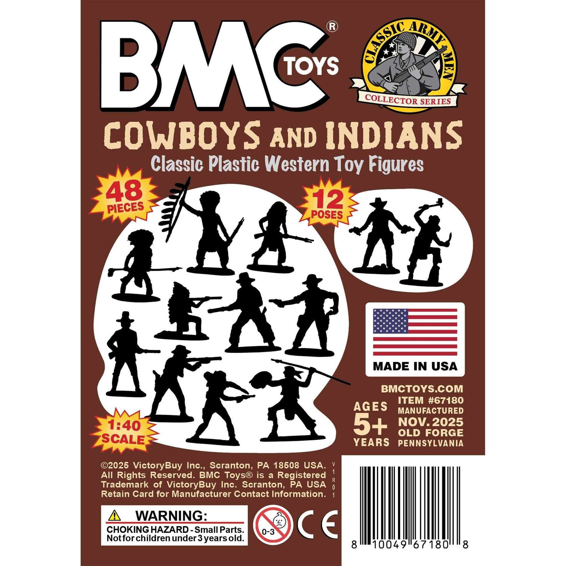 BMC Classic Wild West Cowboys and Plains Indians 48pc Cream-White and Rust-Brown Color Plastic Figure Set Insert Art