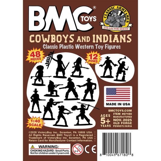 BMC Classic Wild West Cowboys and Plains Indians 48pc Cream-White and Rust-Brown Color Plastic Figure Set Insert Art