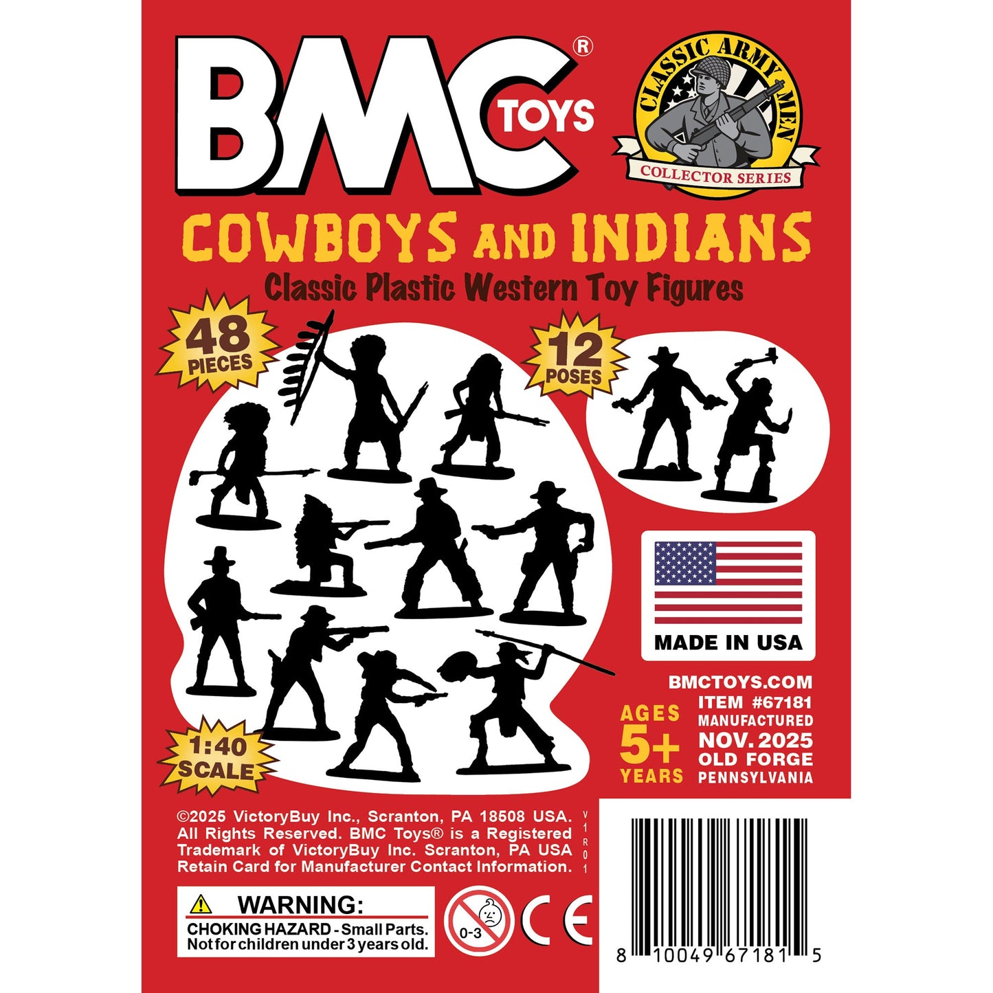 BMC Classic Wild West Cowboys and Plains Indians 48pc Yellow and Red Color Plastic Figure Set Insert Art