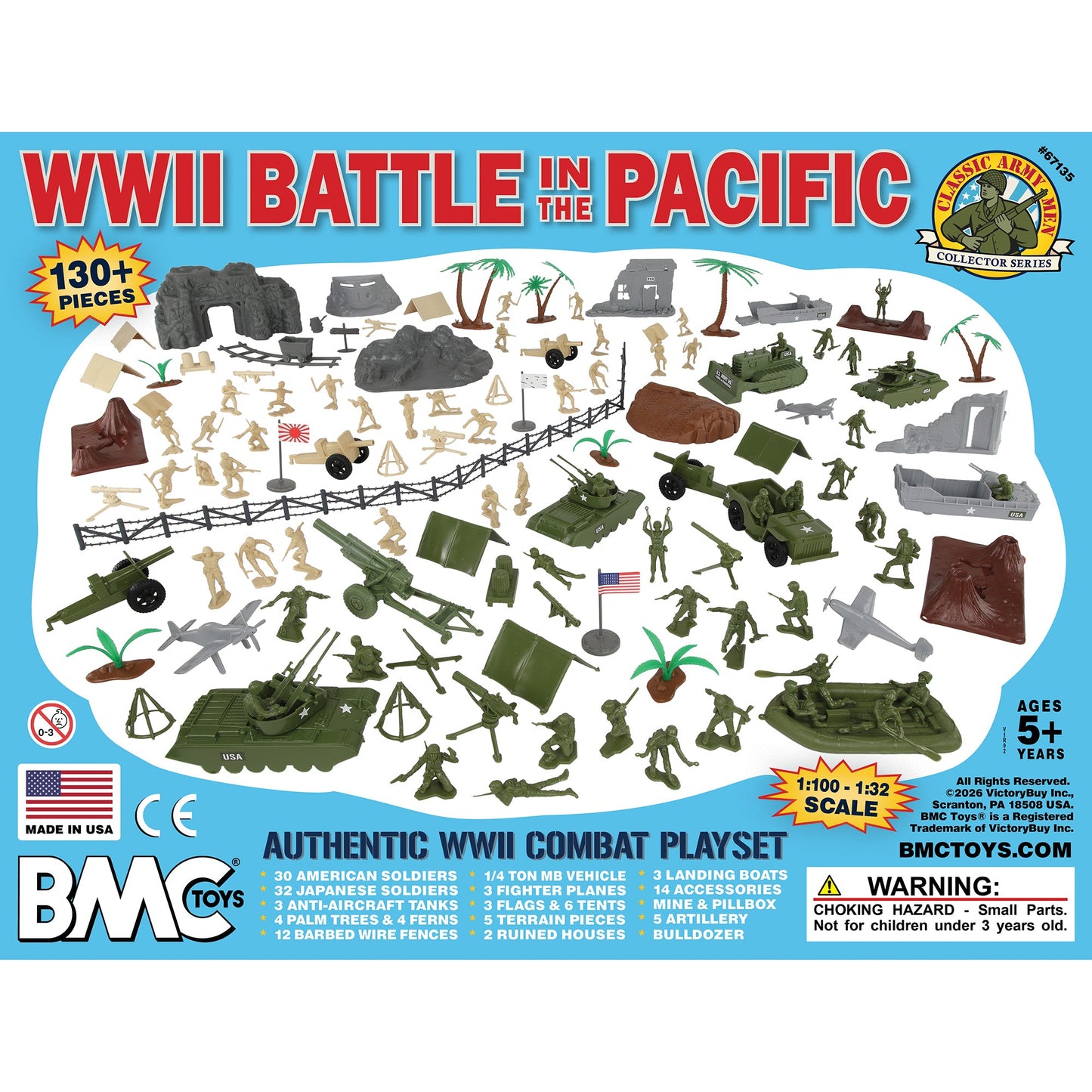BMC Classic Army Men WW2 Pacific Theater Battle 134 Piece Playset Storage Box Label Art