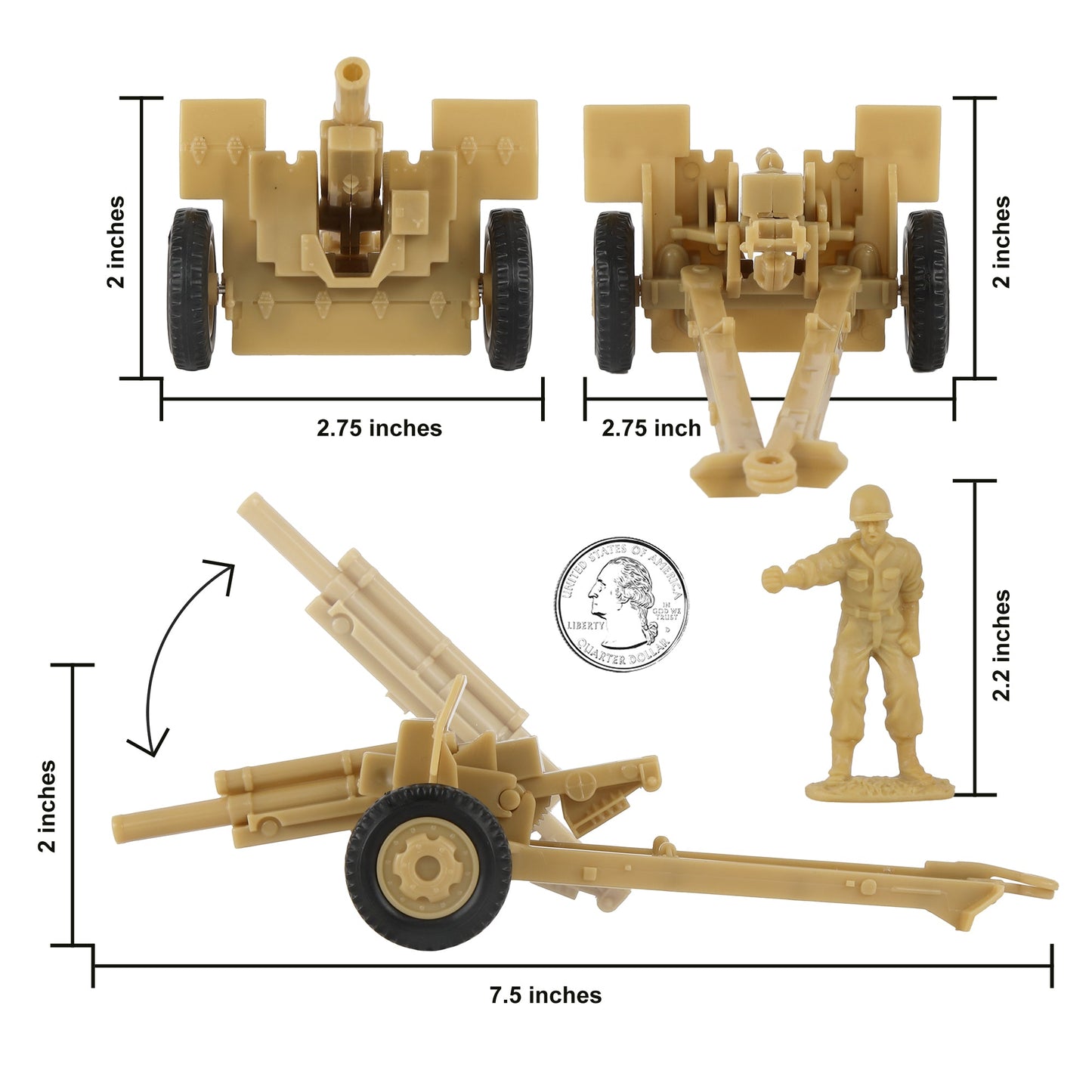 BMC Toys Classic Toy Soldiers WW2 US Short Barrel Howitzer Tan Scale