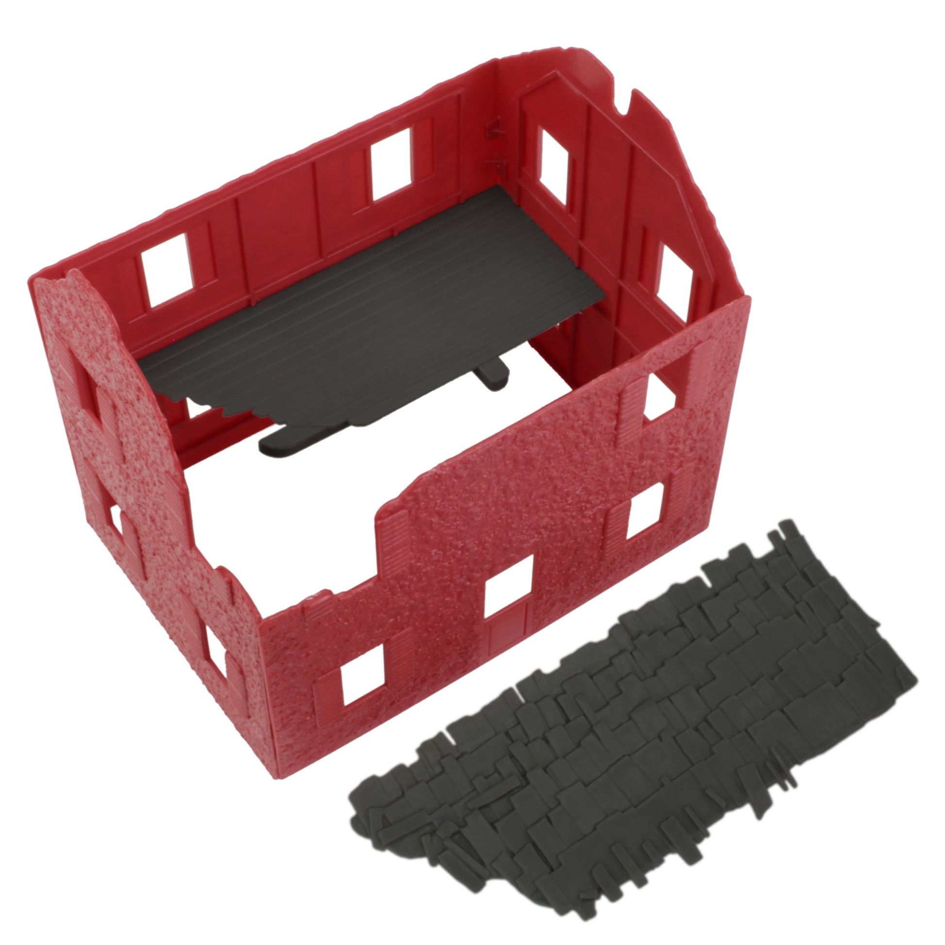 BMC Toys American Revolutionary War Barn-Red and Coal-Black Color Ruined Farm House Top Open View