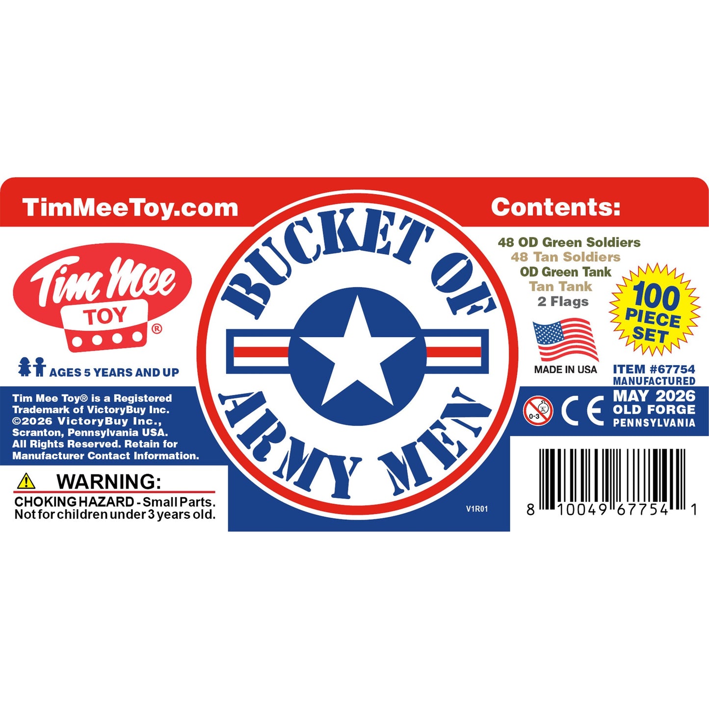 Tim Mee Toy Bucket of Soldiers Plastic Army Men 100 Piece Tan vs. OD-Green Playset Label Art