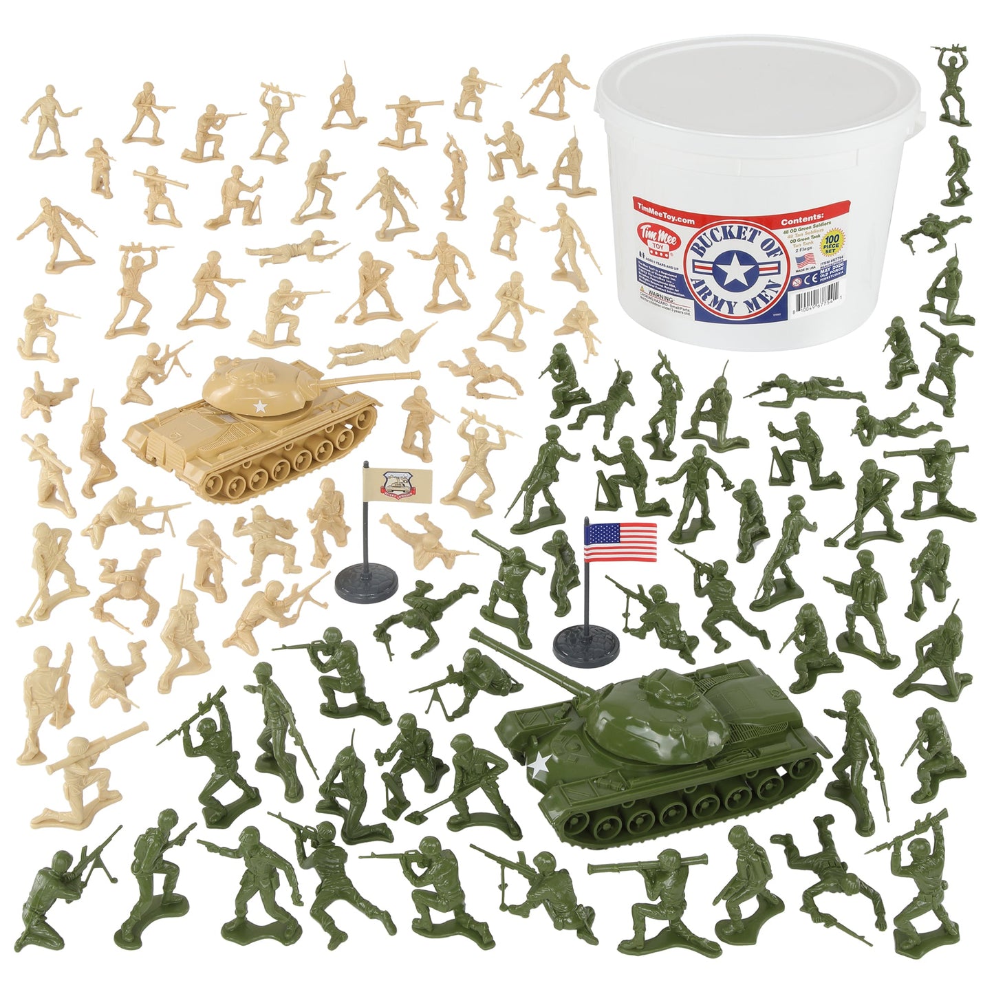Tim Mee Toy Bucket of Soldiers Plastic Army Men 100 Piece Tan vs. OD-Green Playset Main Image