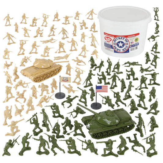 Tim Mee Toy Bucket of Soldiers Plastic Army Men 100 Piece Tan vs. OD-Green Playset Main Image