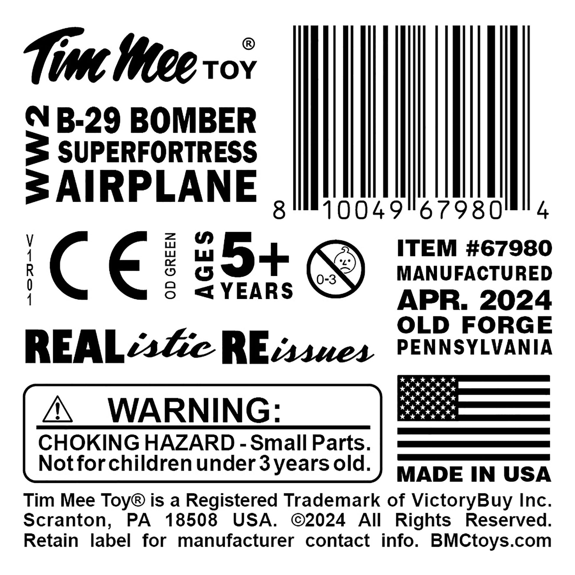 Tim Mee Toy WW2 B-29 Superfortress Bomber Plane OD Green Color Plastic Army Men Label Art