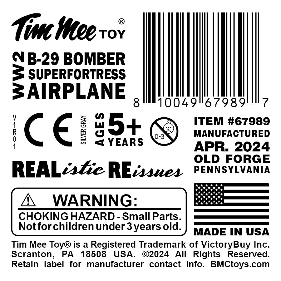 Tim Mee Toy WW2 B-29 Superfortress Bomber Plane Silver-Gray Color Plastic Army Men Aircraft Label Art