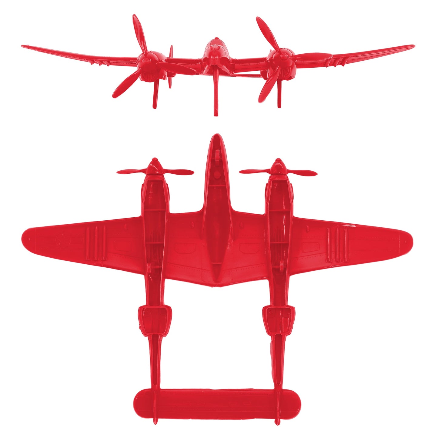 Tim Mee Toy WW2 P-38 Lightning Red Color Plastic Fighter Planes Front & Bottom Views