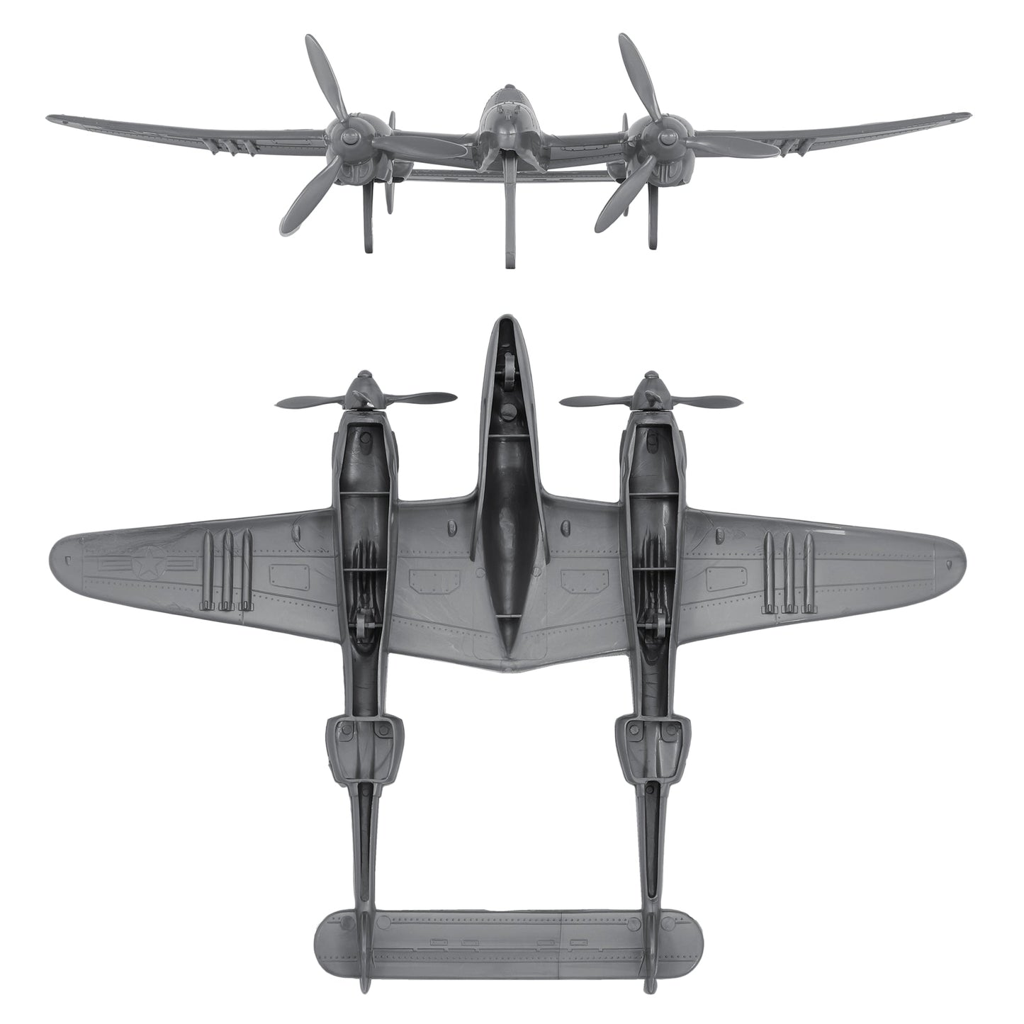 Tim Mee Toy WW2 P-38 Lightning Silver-Gray Color Plastic Fighter Planes Front & Bottom Views