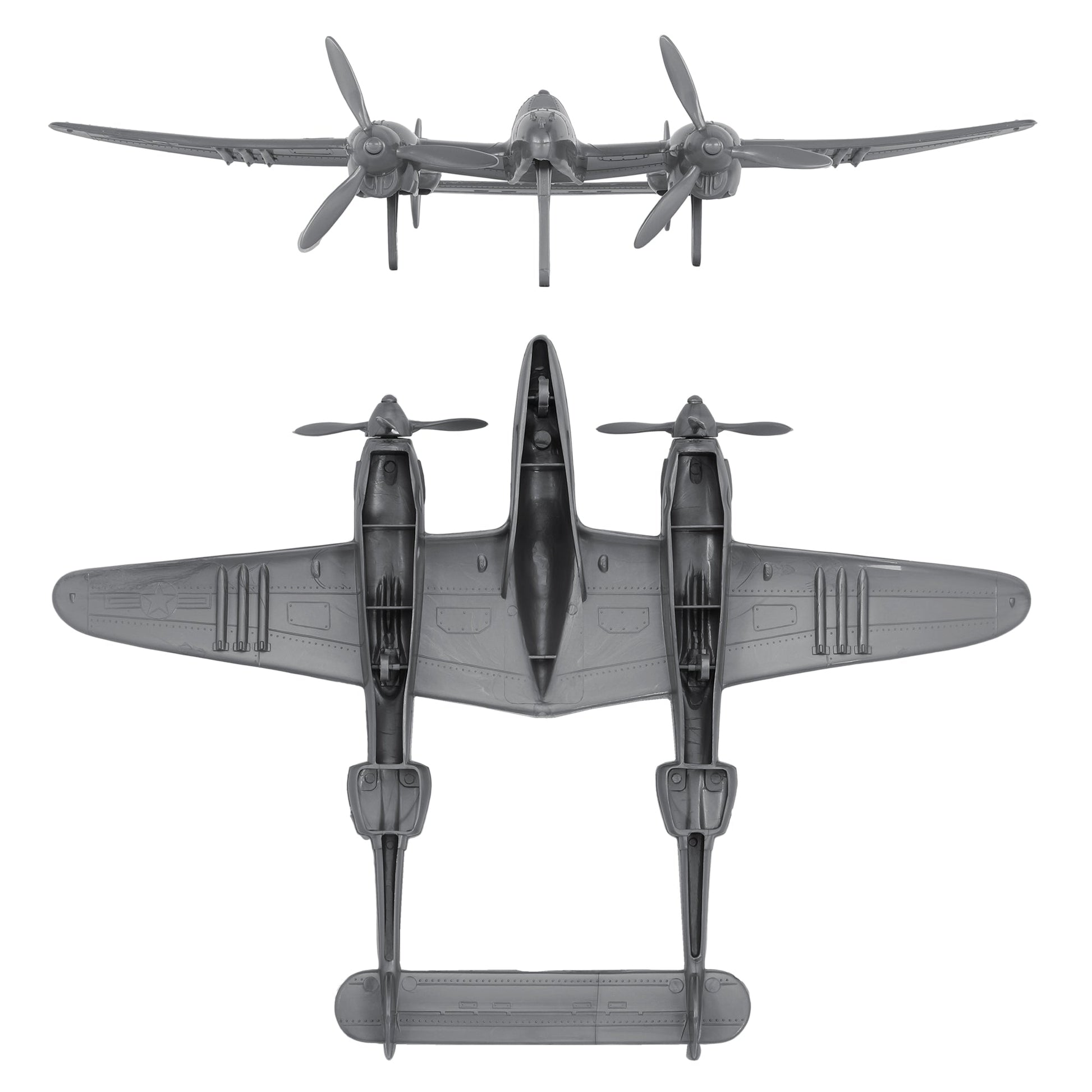 Tim Mee Toy WW2 P-38 Lightning Silver-Gray Color Plastic Fighter Planes Front & Bottom Views