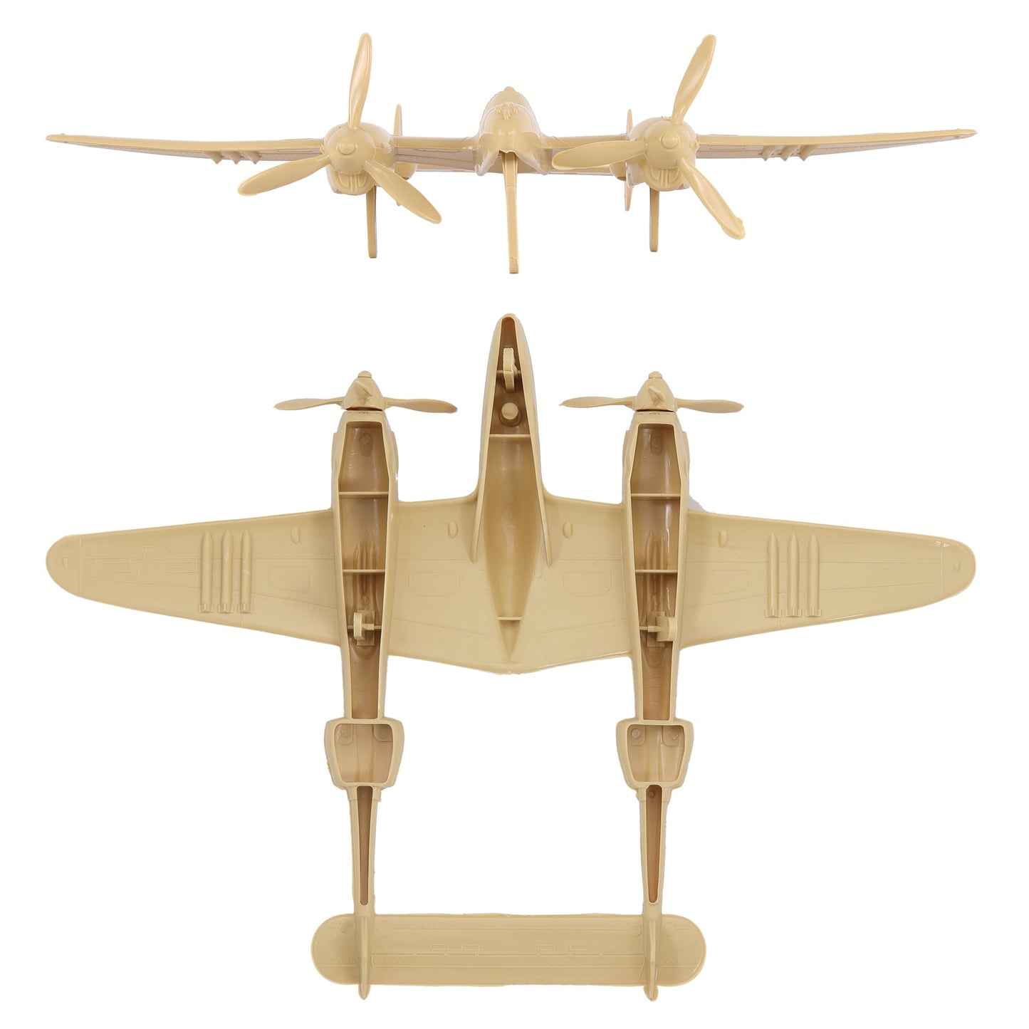 Tim Mee Toy WW2 P-38 Lightning Tan Color Plastic Fighter Planes Front & Bottom Views
